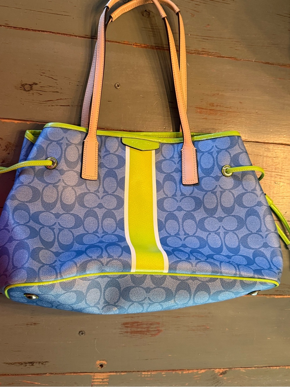 Coach Blue Signature Tote with Lime and Pink Trim